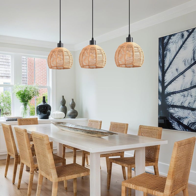 KENMI Woven Pendant Light Boho Chandelier, Rattan Pendant Lights Kitchen Island, Farmhouse Pendant Lighting with Hand Woven Wicker Shade, Boho Chandelier Light Fixtures Ceiling Hanging Light - Image 2
